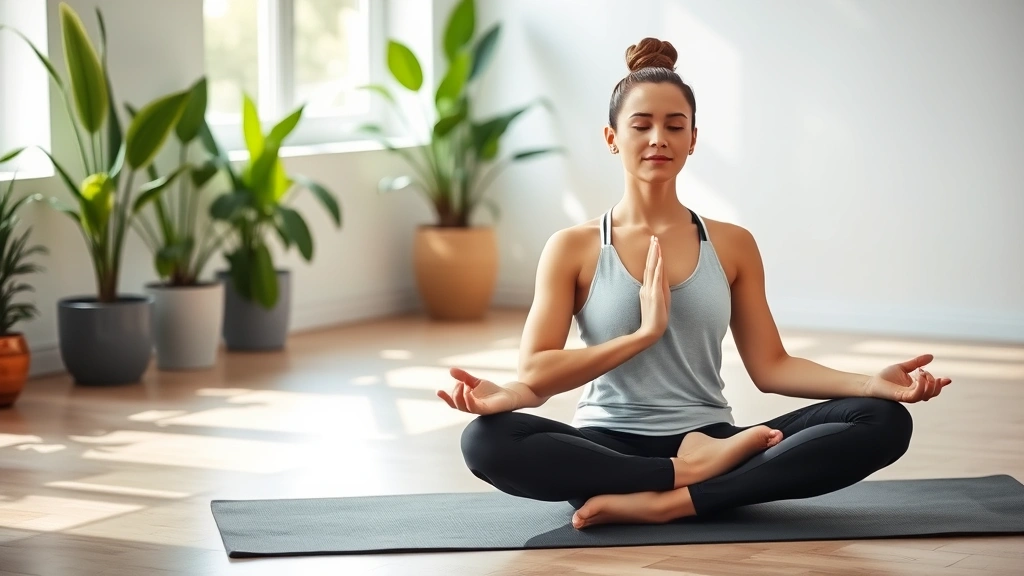 Individual in meditation pose on yoga mat, calm serene expression, bright indoor space with plants, natural light, peaceful breathing posture, demonstrating mindfulness practice for focus enhancement