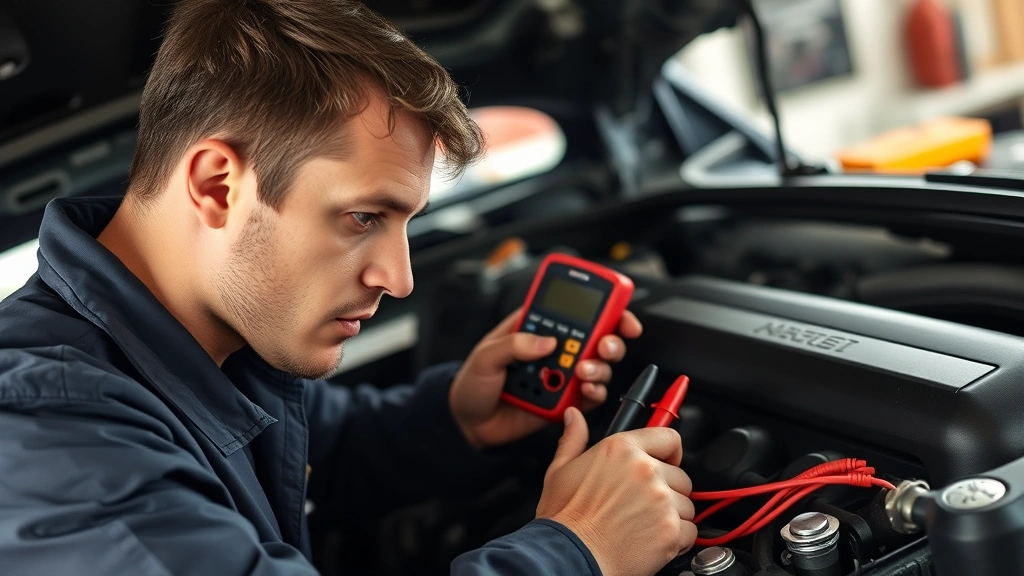 Mechanic performing hands-on engine diagnostics, checking oxygen sensors with multimeter tool, concentrated expression, engine bay view, organized tool layout visible, professional lighting, detailed photorealistic image