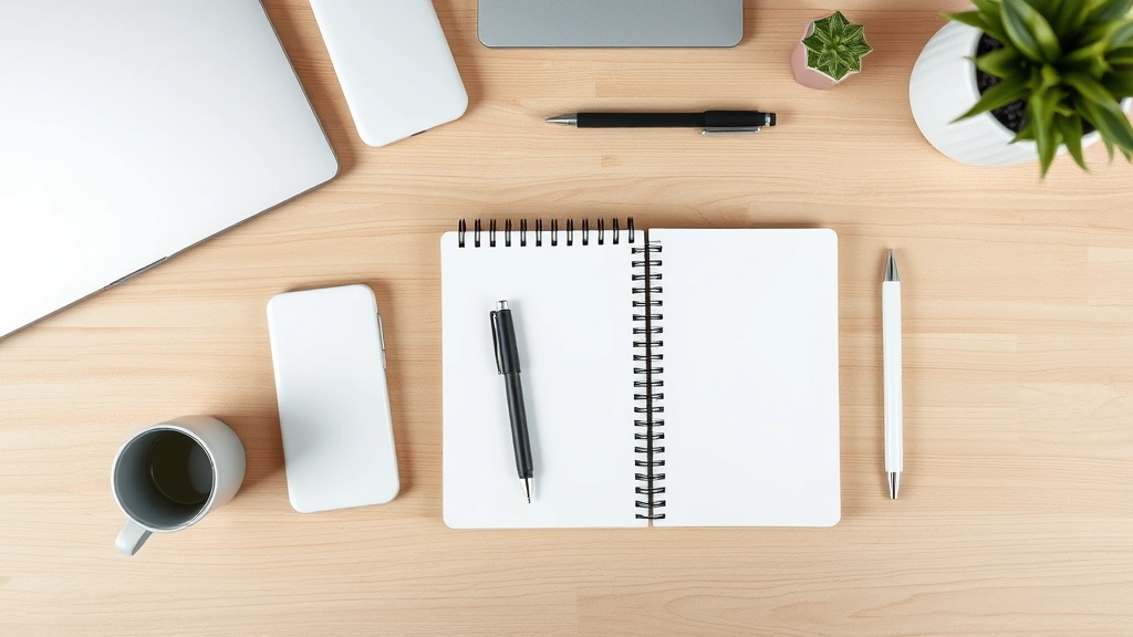 Overhead view of organized desk workspace with blank notebook, pen, water bottle, and minimal objects, clean lines, natural wooden surface, soft diffused lighting, peaceful organized environment, photorealistic professional aesthetic