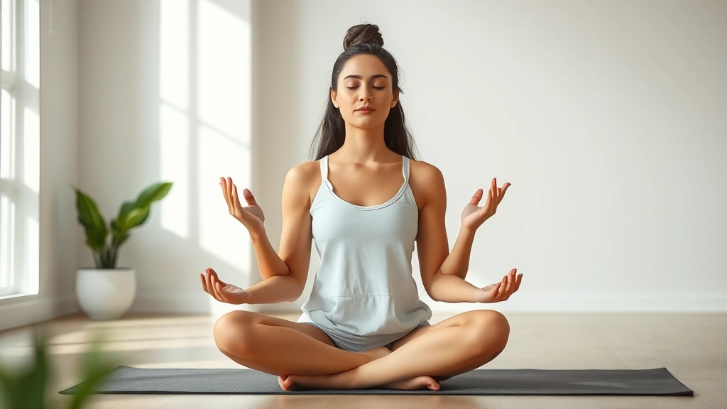 Person meditating seated on yoga mat in serene room, calm peaceful expression, hands in meditation pose, soft natural light from window, minimalist room with neutral colors, indoor plants visible, photorealistic peaceful atmosphere