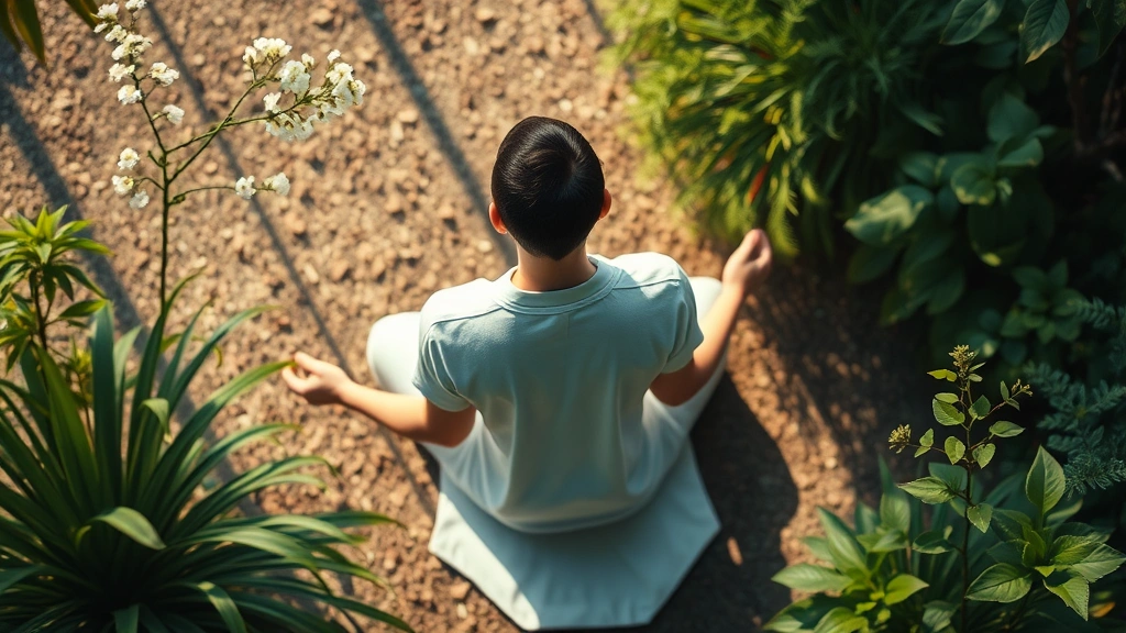 Overhead view of peaceful person meditating in serene natural environment with soft natural lighting, calm posture, surrounded by plants, photorealistic wellness imagery