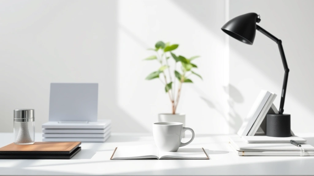 Clean minimalist workspace with natural light, organized desk with single coffee cup, plant in background, calm professional environment, photorealistic