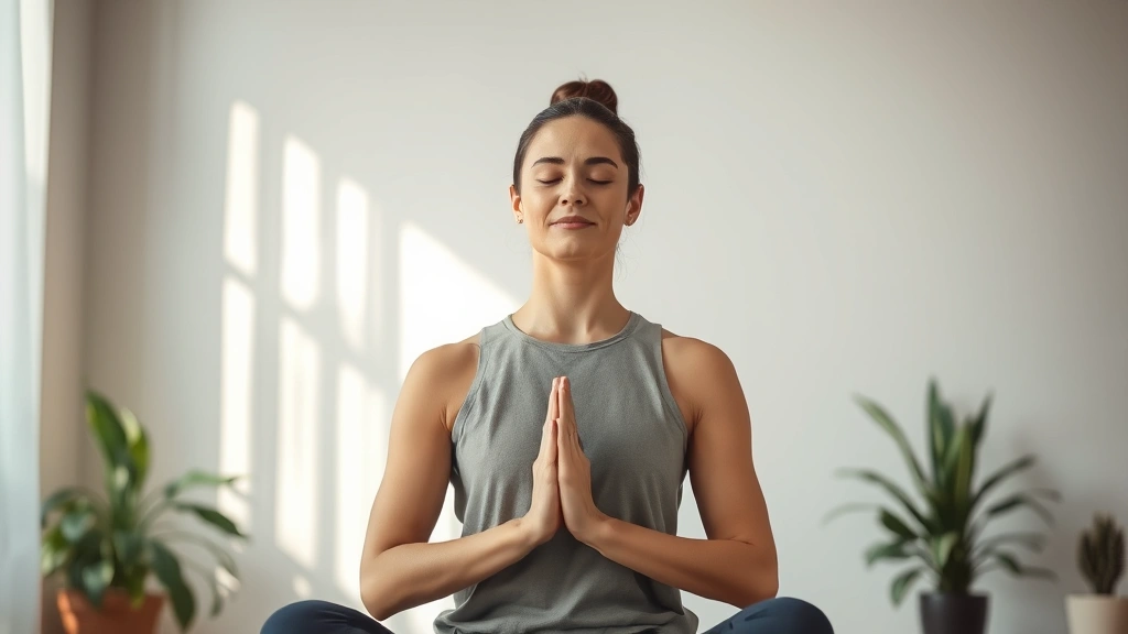 Person in meditation or mindfulness pose, peaceful expression, calm indoor environment with soft lighting, plants visible, representing stress management and nervous system regulation for catalyst system recovery