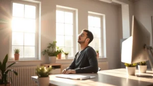 Person in bright, minimalist workspace with morning light streaming through large windows, sitting upright at desk with focused expression, plants visible, clean desk surface, natural lighting emphasizing alertness