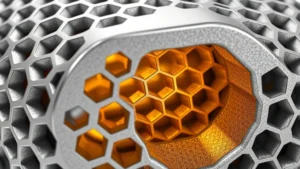 Close-up of a catalytic converter honeycomb structure with metallic platinum coating, showing the intricate ceramic substrate design in cross-section detail, photorealistic 3D rendering