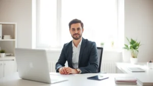 Person in bright, minimalist office workspace sitting at clean desk with single focus item, natural light streaming through window, calm concentrated expression, no screens visible, professional productive atmosphere