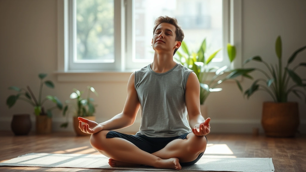Individual meditating in serene room, eyes closed in peaceful concentration, soft natural lighting, plants visible in background, cross-legged position, relaxed facial expression