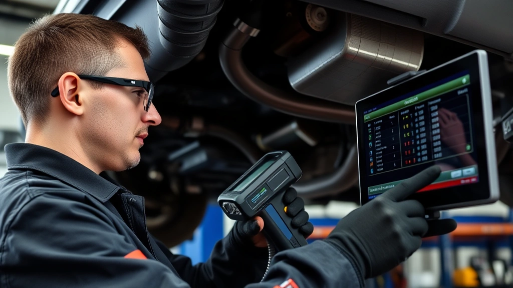 Mechanic in safety glasses performing diagnostic testing on vehicle exhaust system with digital scanner, focused concentration on readout screen in professional garage setting