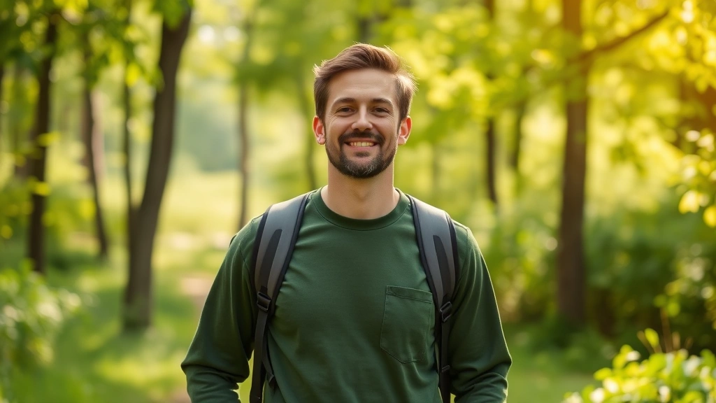 Individual mid-morning walk in lush green park or forest setting, natural sunlight filtering through trees, peaceful expression, nature recovery moment, vibrant vegetation background, outdoor renewal scene