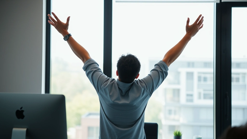 Person taking break during work session, stretching arms upward near window, bright natural light, energized body language, professional casual clothing, outdoor view visible