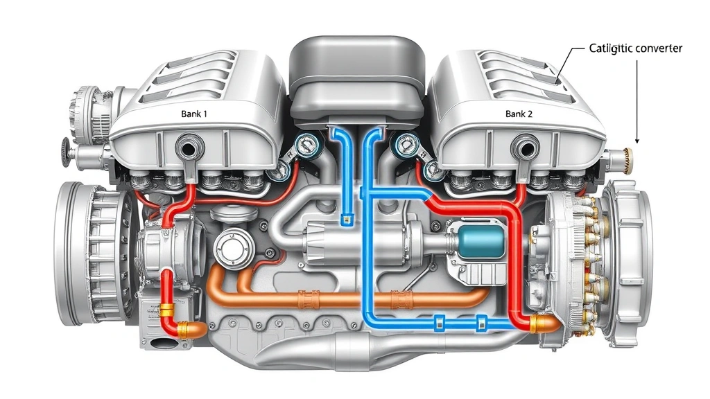 Cutaway diagram illustration showing Bank 1 and Bank 2 engine sides with oxygen sensors and catalytic converters, detailed technical visualization of emission control flow