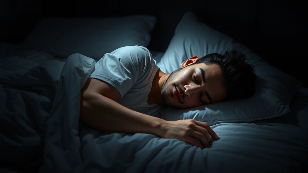 Person sleeping peacefully in dark bedroom with quality bedding, soft lighting, completely relaxed posture, restorative sleep scene, calm bedroom environment, recovery foundation imagery