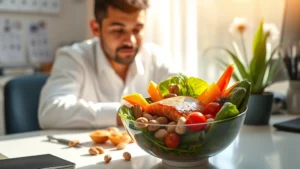 Person at desk with bowl of colorful vegetables, salmon fillet, and nuts, morning sunlight, focused expression, clean workspace, photorealistic, no text