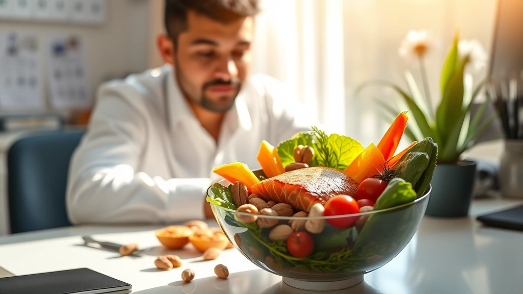 Person at desk with bowl of colorful vegetables, salmon fillet, and nuts, morning sunlight, focused expression, clean workspace, photorealistic, no text