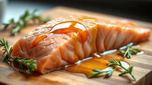 Close-up of fresh salmon fillet with olive oil drizzle on wooden cutting board, natural sunlight, professional food photography, photorealistic, no text