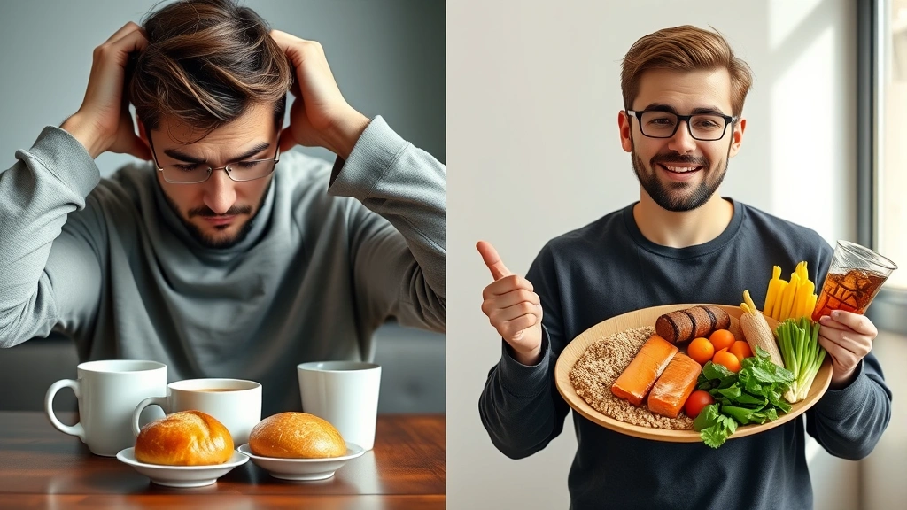 Split-screen: left side shows tired person with empty coffee cups and pastries; right side shows energized person with balanced meal of protein, vegetables, and whole grains, natural lighting, photorealistic, no text