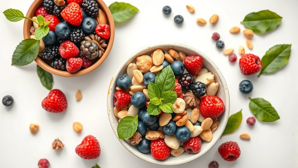 Overhead view of colorful bowl containing mixed berries, nuts, seeds, and green leaves on white surface, vibrant natural colors, professional styling, no text