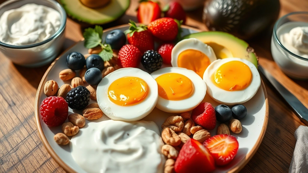 Close-up of healthy breakfast spread including eggs, berries, nuts, Greek yogurt, avocado on wooden table, morning light, photorealistic, no text