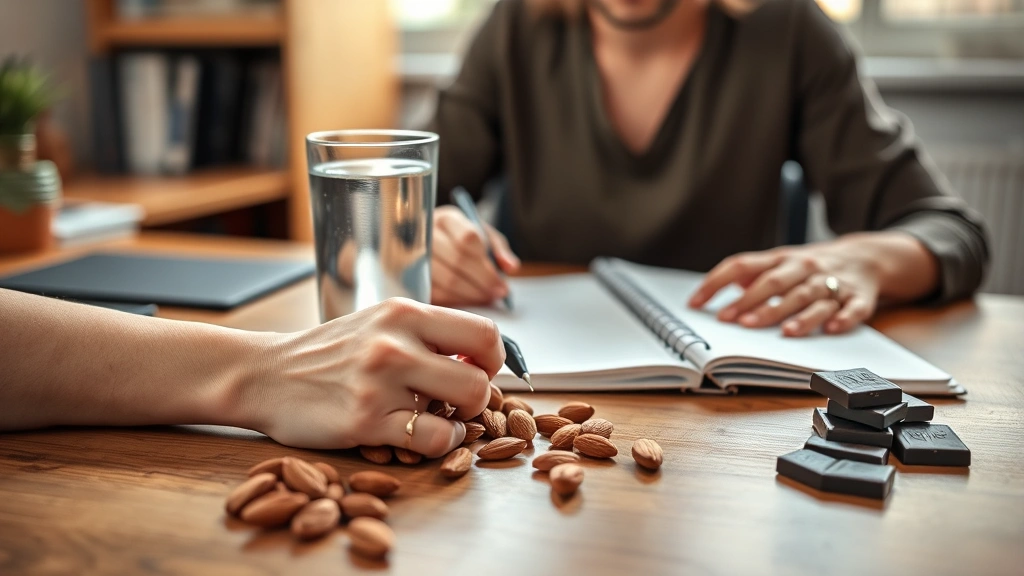 Person at desk with glass of water, notebook, and healthy snacks including almonds and dark chocolate, warm natural lighting, focused work environment, no text