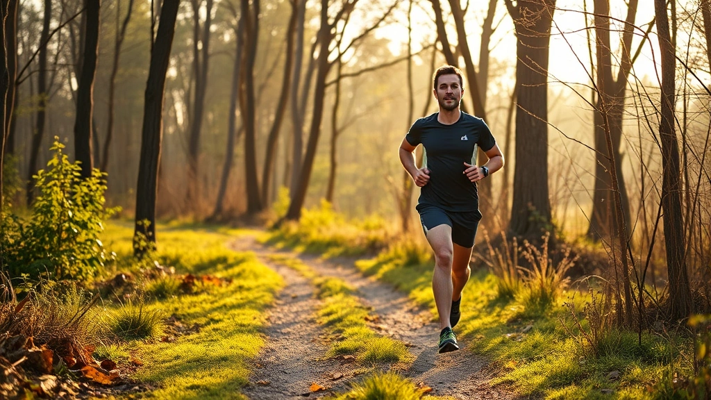 Active person jogging on a nature trail in early morning light, trees and greenery surrounding, focused determined expression, natural outdoor setting, photorealistic, no text or watches visible