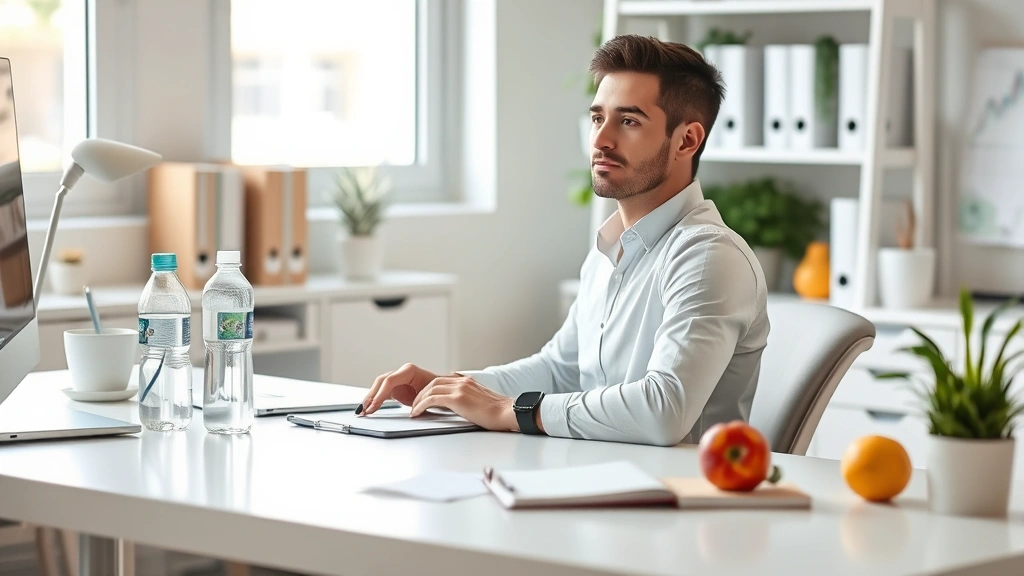 Clean desk workspace with water bottle, fresh fruit, and notebook, person sitting upright with good posture looking focused and calm, natural lighting, organized environment, photorealistic, no visible screens or clocks