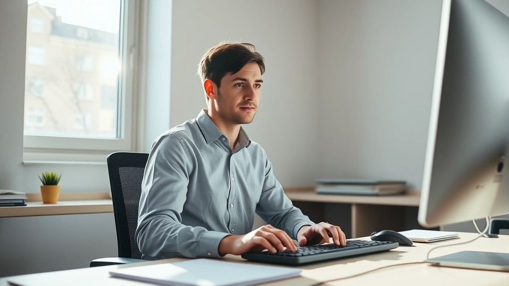 Person sitting at desk with sunlight streaming through window, looking focused and calm with hands on keyboard, minimal workspace background, professional concentration setting