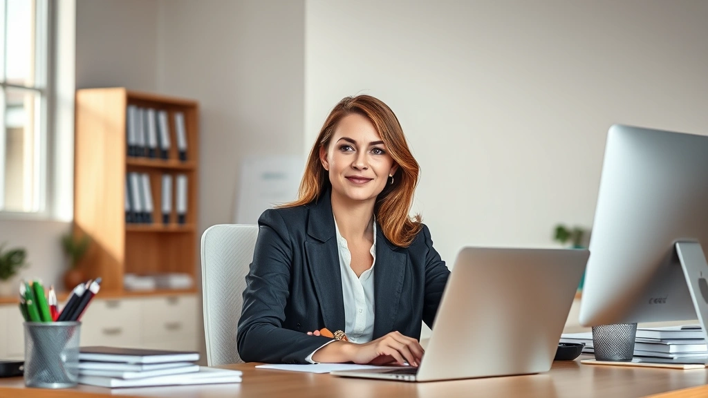 Professional woman sitting at organized desk with natural light, focused on work with calm expression, minimal background, photorealistic, warm lighting