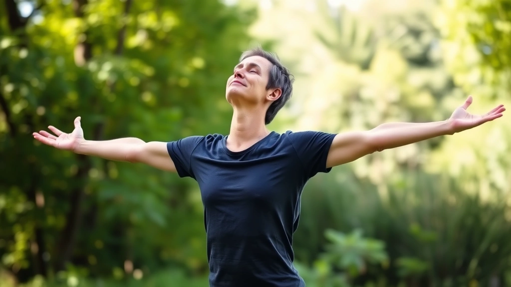 Person doing yoga or stretching outdoors in natural green setting, appearing peaceful and relaxed, demonstrating stress management and mindfulness practice