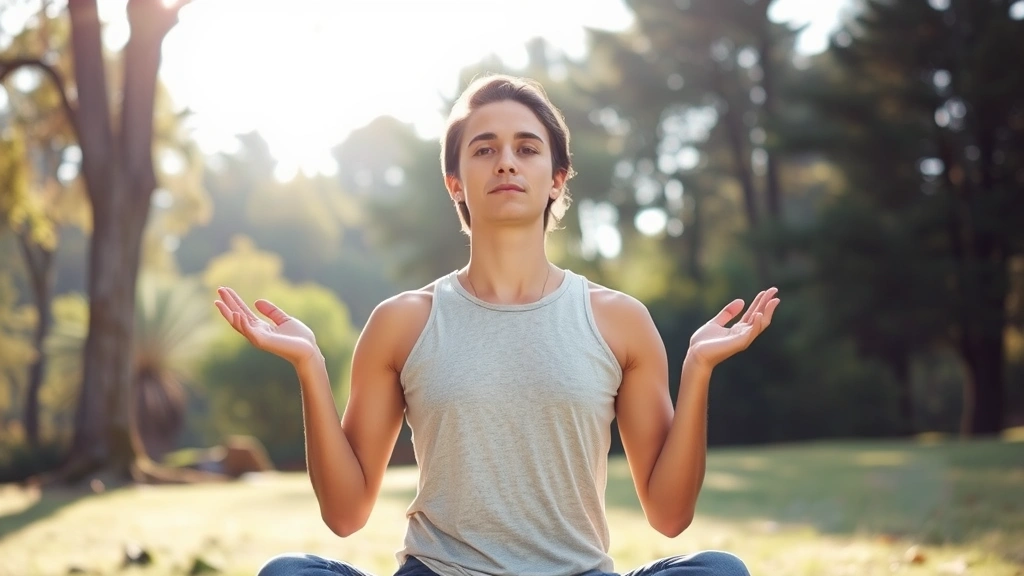 Person taking mindful break in natural outdoor setting with trees and soft sunlight, peaceful posture, serene expression, photorealistic nature environment