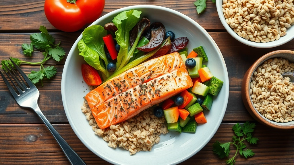 Overhead view of healthy meal with salmon, vegetables, and whole grains on wooden table, demonstrating brain-healthy nutrition for cognitive performance