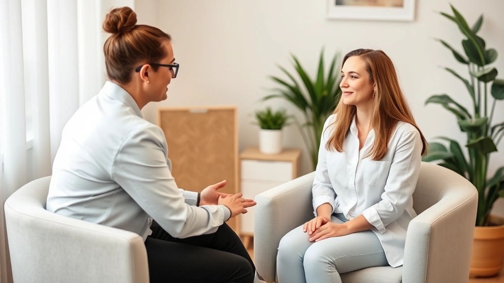 Therapist and client in comfortable clinical setting during consultation, both seated facing each other with relaxed body language, professional warm atmosphere