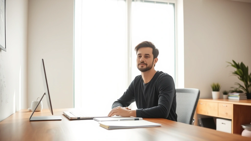 Person sitting at wooden desk in bright natural light, eyes focused on work, peaceful expression, modern minimalist office environment, morning sunlight through window, calm professional setting