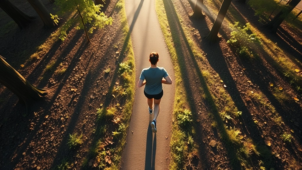 Overhead view of person jogging on forest trail, athletic wear, morning light filtering through trees, natural movement captured mid-stride, peaceful outdoor exercise environment