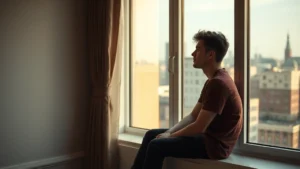 Young person sitting alone by a window in a modern apartment, looking out pensively at the city, warm natural light, contemplative expression, no text or objects visible