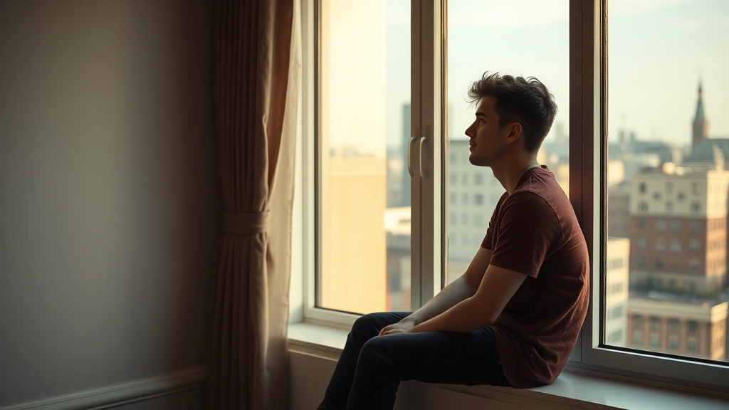 Young person sitting alone by a window in a modern apartment, looking out pensively at the city, warm natural light, contemplative expression, no text or objects visible