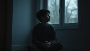 A young person sitting alone in a dimly lit room, gazing out a window with a distant, melancholic expression, hands folded in lap, representing adolescent depression and emotional isolation