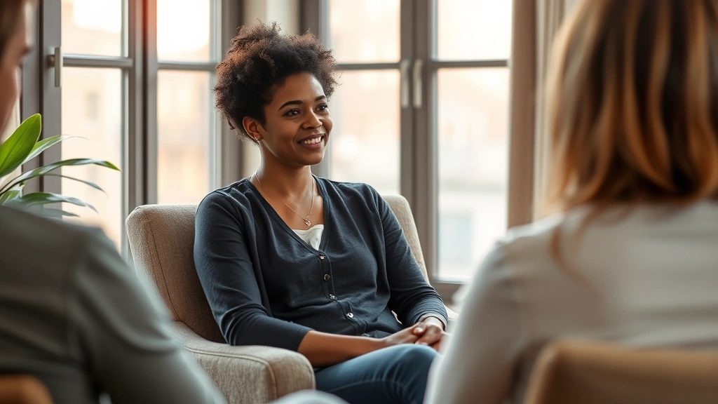 Individual in a therapy or counseling setting, sitting in a comfortable chair near a window with soft lighting, warm and supportive environment, professional but welcoming space
