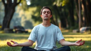 Person in peaceful meditation posture in serene natural setting with soft natural light, expressing deep concentration and inner calm, photorealistic style, no text or numbers visible