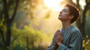Person in peaceful prayer position in serene natural setting with soft morning light filtering through trees, eyes closed in deep concentration, wearing simple clothing, garden or forest background, photorealistic, calm contemplative expression