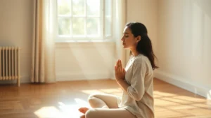 Person sitting in peaceful prayer position in sunlit room with soft window light, serene facial expression, hands folded gently, calm contemplative atmosphere, morning light streaming across wooden floor