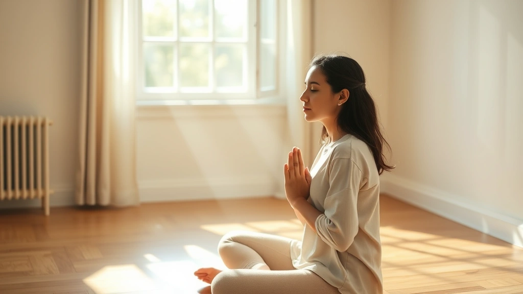 Person sitting in peaceful prayer position in sunlit room with soft window light, serene facial expression, hands folded gently, calm contemplative atmosphere, morning light streaming across wooden floor