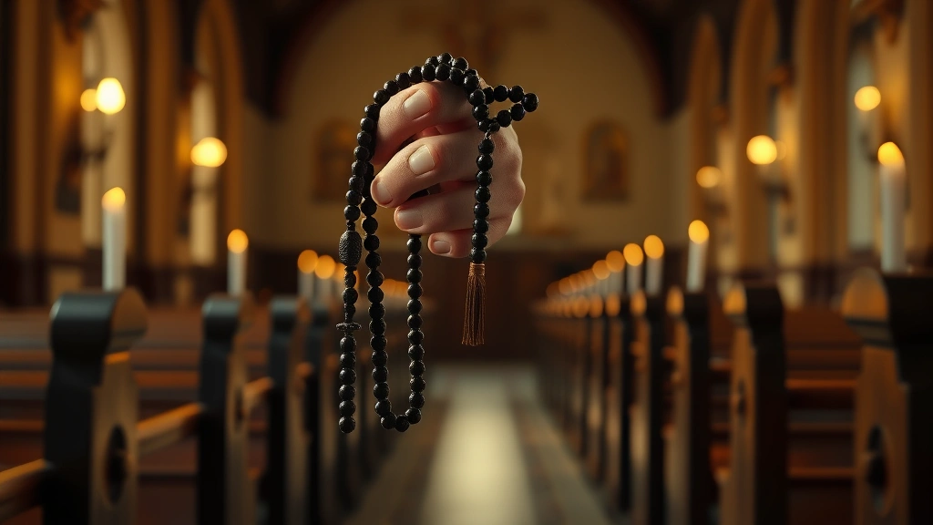 Hands holding rosary beads in candlelit church interior, soft golden light creating peaceful atmosphere, wooden pew visible, intimate spiritual moment, photorealistic detailed texture of beads and hands