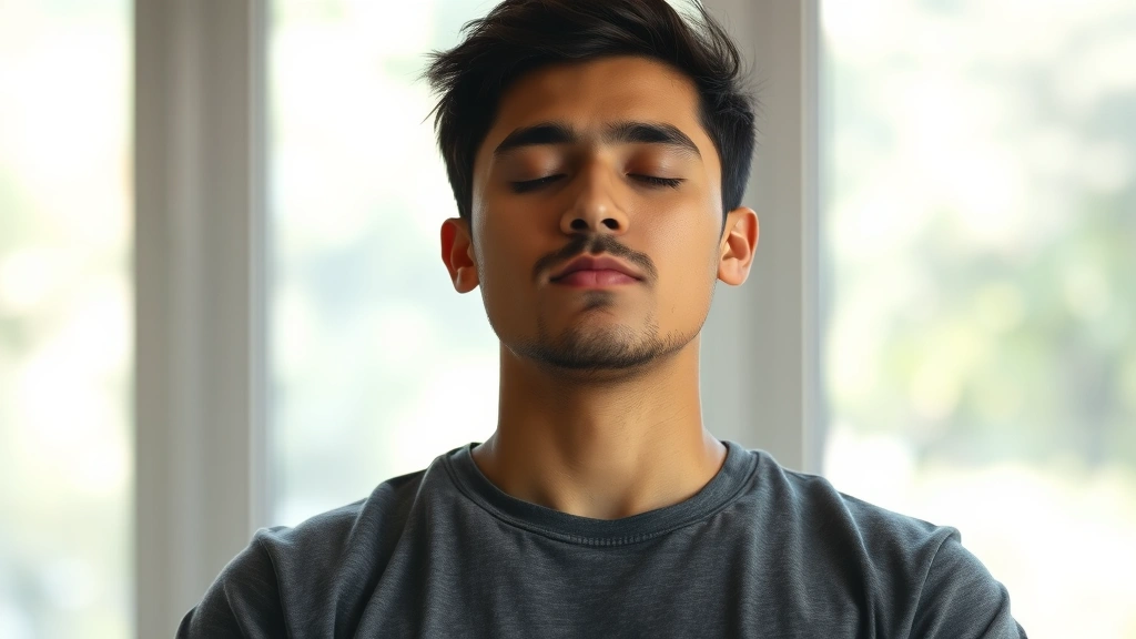 Individual in deep meditation during quiet prayer, eyes closed peacefully, soft natural lighting from window, blurred peaceful background, serene spiritual moment, relaxed shoulders and peaceful demeanor