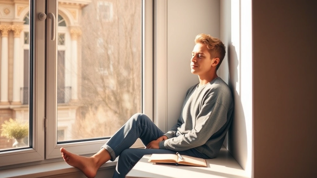Serene person sitting by window during quiet morning, sunlight streaming in, peaceful expression, notebook nearby suggesting journaling or reflection, minimalist room setting, photorealistic warm natural lighting, embodying mental clarity