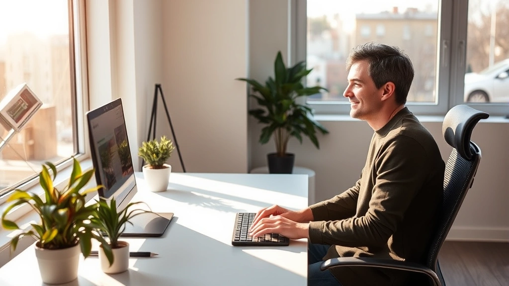 Person sitting at minimalist desk by large window with natural light, hands on keyboard, completely absorbed in work, peaceful expression, plants nearby, warm sunlight creating soft shadows, serene professional environment