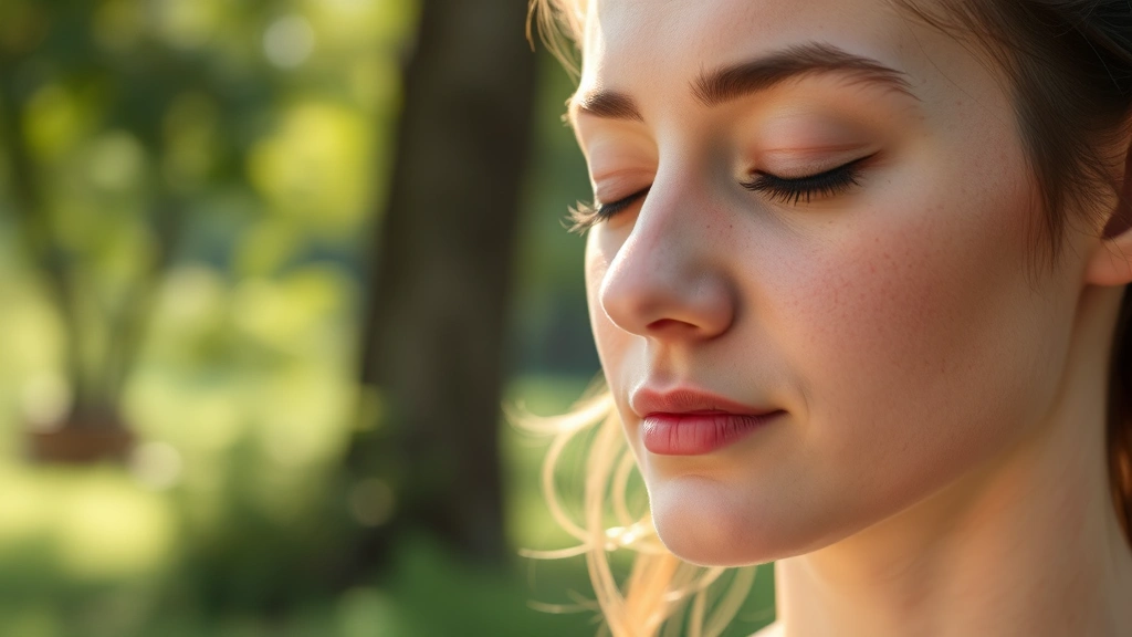 Close-up of someone meditating outdoors in nature, eyes gently closed, calm facial features, morning light, trees and greenery in soft focus background, embodying peaceful concentration and mental clarity