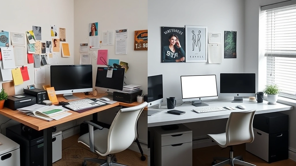 Workspace transformation split view: left side cluttered desk with notifications and distractions, right side organized minimalist desk with single task in progress, showing contrast between distraction and focus environments