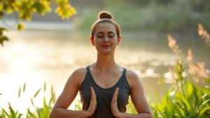 Person meditating in peaceful natural setting with soft morning light, serene expression, hands in meditation position, surrounded by green plants and calm water