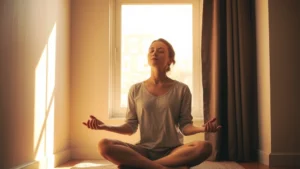 Person sitting peacefully in natural sunlight by a window, eyes closed in meditation, serene facial expression, minimalist indoor setting, warm golden light, photorealistic, calm mental state visualization