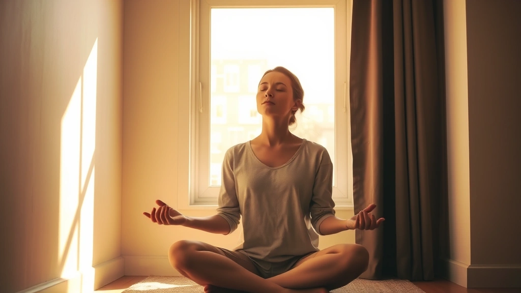 Person sitting peacefully in natural sunlight by a window, eyes closed in meditation, serene facial expression, minimalist indoor setting, warm golden light, photorealistic, calm mental state visualization
